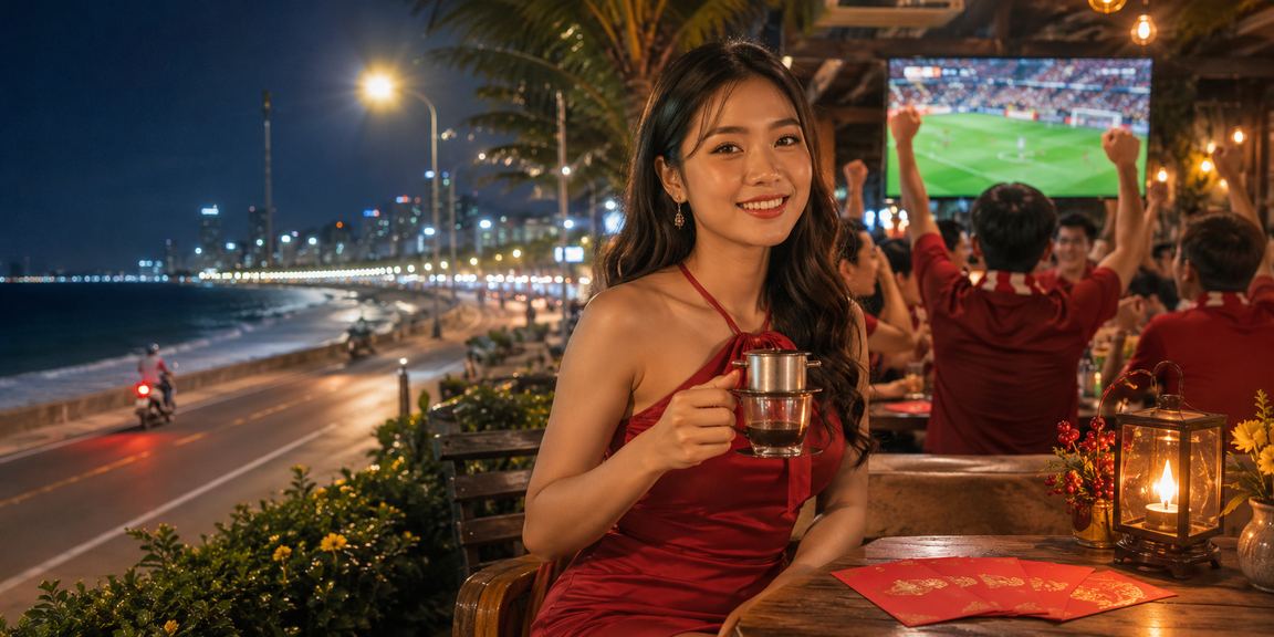 Người dùng Phan Thiết dùng điện thoại xem kèo tại quán cà phê